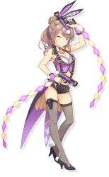 1girl ;) black_shoes black_shorts bow bowtie breasts brown_hair cleavage foot_up full_body grey_thighhighs gun hair_bun handgun high_heels highres holding holding_gun holding_weapon long_hair looking_at_viewer medium_breasts micro_shorts official_art one_eye_closed ongeki polka_dot_vest ponytail purple_eyes purple_vest saotome_ayaka shoes shorts simple_background single_hair_bun smile solo tachi-e thighhighs transparent_background vest weapon white_bow white_bowtie