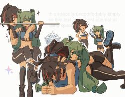 Rule 34 | 2girls, absurdres, black hair, blush, bottle, breasts, closed eyes, english text, flying sweatdrops, green hair, highres, leggings, multicolored hair, multiple girls, navel, nonnormalguy, planking, police, police uniform, policewoman, ponytail, qingyi (zenless zone zero), red hair, shorts, simple background, sparkle, sparkling aura, sports bra, sportswear, twintails, water bottle, white background, zenless zone zero, zhu yuan