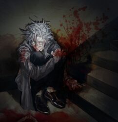 1boy absurdres aqua_eyes black_pants black_shoes blood blood_on_clothes blood_on_face blood_on_ground blood_on_hands blood_on_leg blood_on_wall bloody_weapon c8h11o2n chinese_commentary closed_mouth coat commentary_request constricted_pupils full_body glasses green_shirt grey_coat grey_hair guro highres holding_scalpel indoors kanou_aogu long_sleeves male_focus open_clothes open_coat pants rectangular_eyewear saibou_shinkyoku semi-rimless_eyewear shirt shoes short_hair sitting smile solo stairs weapon
