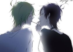 Rule 34 | 2boys, ahoge, alicein mikuni, antenna hair, black choker, black hair, black shirt, blonde hair, choker, cigarette, closed eyes, highres, holding, holding cigarette, kamiya tsurugi, male focus, miyanagi 000, multiple boys, servamp, shirt, short hair, white background, white shirt, yaoi, yellow eyes
