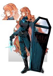 1girl black_boots blue_jacket boots bow full_body gun hair_bow highres holding holding_gun holding_weapon ishmael_(project_moon) jacket lccb_(identity)_(project_moon) limbus_company long_hair multiple_views orange_hair project_moon riot_shield shield shirt standing very_long_hair weapon white_background white_bow wrong5166
