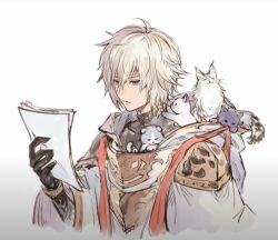 Rule 34 | 1boy, ^ ^, animal, arm up, baby animal, black cat, black gloves, black shirt, blue eyes, cat, closed eyes, closed mouth, cropped torso, gloves, granblue fantasy, hair between eyes, holding, holding paper, hood basket, hooded robe, kitten, looking at object, lucilius (granblue fantasy), male focus, paper, robe, shirt, simple background, solo, udgg093577, upper body, white background, white cat, white hair