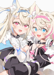 2girls absurdres animal_ears black_choker black_jacket blonde_hair blue_eyes blue_hair blush breasts choker dog_ears dog_girl fuwawa_abyssgard hair_between_eyes hair_ornament headphones highres hololive hololive_english horn_hairband jacket large_breasts long_hair looking_at_viewer medium_breasts miharuillust mococo_abyssgard multiple_girls open_mouth pink_eyes pink_hair shirt short_hair siblings simple_background sisters smile twins unworn_headphones virtual_youtuber white_shirt x_hair_ornament