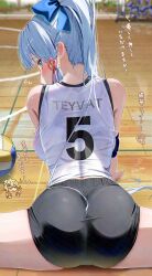1girl armband ass ayaka_(genshin_impact) backboob ball black_shorts blue_eyes blue_hair blush bow breasts flexible genshin_impact hair_bow hair_ribbon highres indoors jersey kabu_usagi leaning_forward looking_back medium_breasts ponytail ribbon short_shorts shorts sitting solo split sportswear tress_ribbon volleyball_(object) volleyball_uniform wooden_floor