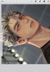 1boy art_program_in_frame black_hair blurry blurry_background bokuto_koutarou closed_mouth commentary_request haikyuu!! hdidi788 highres korean_commentary lips male_focus multicolored_hair nose portrait short_hair sideways solo sweat teeth two-tone_hair yellow_eyes