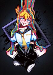Rule 34 | 1boy, black background, black sleeves, blonde hair, blue eyes, blush, commentary, detached sleeves, english commentary, full body, hair between eyes, headset, highres, kagamine len, looking at viewer, lucinda grey, male focus, necktie, paint, puffy short sleeves, puffy sleeves, shirt, shoes, short sleeves, solo, spiked hair, splatter, tie clip, vocaloid, white shirt, white shoes, yellow necktie, yellow pupils
