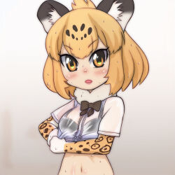 Rule 34 | 1girl, animal ears, animal print, black bra, blush, bow, bowtie, bra, breasts, brown bow, brown bowtie, brown eyes, clothes lift, fur collar, gloves, gradient background, grey background, jaguar (kemono friends), jaguar ears, jaguar girl, kemono friends, leopard print, looking at viewer, medium breasts, midriff, navel, open mouth, orange gloves, orange hair, print gloves, see-through clothes, see-through shirt, shirt, shirt lift, short hair, short sleeves, standing, sweat, t jiroo (ringofriend), underwear, wet, wet clothes, wet gloves, wet shirt, white shirt, wringing clothes