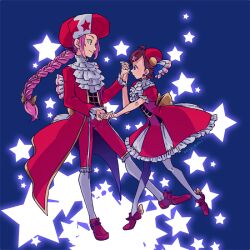 Rule 34 | 1boy, 1girl, ascot, braid, brown hair, classicaloid, coat, dancing, dramatica, dress, frilled dress, frills, full body, hat, holding hands, long braid, long hair, long sleeves, otowa kanae, pants, pink hair, red coat, red dress, red hat, red pants, red shoes, shoes, single braid, smile, star (symbol), white ascot, wolfgang amadeus mozart (classicaloid)