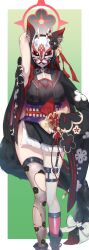 1girl animal_ear_fluff animal_ears arm_behind_head arm_up black_hair black_kimono blue_archive boots breasts character_mask choker colored_inner_hair floral_print floral_print_sleeves flower flower_choker fox_ears fox_girl fox_mask fox_tail gradient_background green_background hair_flower hair_ornament halo high_heel_boots high_heels highres japanese_clothes kimono large_breasts long_hair looking_at_viewer mask multicolored_hair obi red_hair red_halo ribbon sash short_kimono single_thighhigh solo standing tail tail_ornament tail_ribbon thighhighs thighs torn_clothes torn_thighhighs two-tone_background uousagi2639 wakamo_(blue_archive) white_background wide_sleeves yellow_eyes zettai_ryouiki