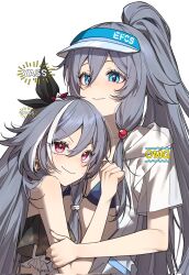 2girls bikini blue_eyes closed_mouth commentary_request dud7827 earrings english_text fu_hua fu_hua_(summer_2024) grey_hair head_on_chest herrscher_of_sentience high_ponytail highres honkai_(series) honkai_impact_3rd jewelry korean_commentary long_hair multicolored_hair multiple_girls ponytail red_eyes smile streaked_hair swimsuit visor_cap white_hair