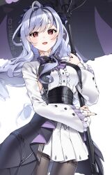 1girl :d absurdres armpit_cutout black_nails black_pantyhose clothing_cutout dress_shirt fangs floating_hair grey_hair highres holding holding_umbrella honeyhoppin long_hair miniskirt mole mole_under_eye nail_polish open_mouth pantyhose pleated_skirt pointy_ears purple_umbrella red_eyes shirt skirt smile solo standing umbrella underbust very_long_hair vivian_banshee waist_cape white_background white_shirt white_skirt zenless_zone_zero