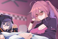 3girls black_hat black_jacket blue_nails blurry blurry_background breasts chipa_(arutana) cleavage duel_monster food green_eyes hat high_ponytail highres holding holding_food holding_pizza i:p_masquerena jacket ki-sikil_(yu-gi-oh!) lil-la_(yu-gi-oh!) long_hair multiple_girls pink_hair pink_shirt pizza ponytail pov shirt sunglasses upper_body yu-gi-oh!