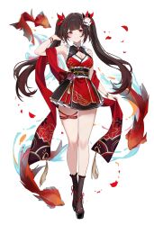 1girl alternate_costume bare_shoulders black_collar breasts brown_hair circle_facial_mark cleavage closed_mouth collar commentary dress fox_mask full_body hair_ribbon hand_up highres honkai:_star_rail honkai_(series) koi long_hair looking_at_viewer mark_under_both_eyes mask mask_on_head medium_breasts re0n red_dress red_eyes red_ribbon ribbon smile solo sparkle_(honkai:_star_rail) twintails very_long_hair