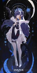 1girl absurdres black_gloves blunt_bangs boots breasts character_name clothing_cutout crinoline dress dress_flower flower gauntlets gloves gradient_hair hair_ornament hands_up high_heel_boots high_heels highres hololive hololive_english layered_dress long_hair looking_at_viewer multicolored_hair ninomae_ina&#039;nis ninomae_ina&#039;nis_(ina_the_hero) platform_boots pointy_ears purple_eyes purple_hair see-through_clothes see-through_skirt simuyutou single_gauntlet skirt small_breasts stomach_cutout takodachi_(ninomae_ina&#039;nis) tentacle_hair thigh_strap virtual_youtuber white_boots white_dress