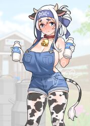 1girl absurdres animal_ears artist_name bell blue_overalls bottle breasts cleavage collar collarbone cosplay cow_ears cow_girl cow_horns cow_tail furaggu_(frag_0416) hair_between_eyes highres holding holding_bottle horns kamoi_(kancolle) kantai_collection large_breasts long_hair milk_bottle neck_bell overalls red_collar solo standing tail watermark white_hair
