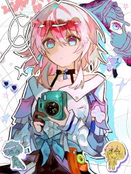 1girl acorn aqua_eyes badge black_choker black_gloves black_overskirt blue_jacket bra_strap button_badge camera choker collarbone dan_heng_(honkai:_star_rail) dan_heng_(hunt)_(honkai:_star_rail) earrings flower_ornament gloves gradient_clothes gradient_jacket hashtag-only_commentary highres holding holding_camera honkai:_star_rail honkai_(series) jacket jewelry long_sleeves march_7th_(honkai:_star_rail) march_7th_(preservation)_(honkai:_star_rail) medium_hair multicolored_eyes off-shoulder_jacket off_shoulder overskirt parted_lips partially_fingerless_gloves pink_eyes pink_hair pink_jacket pink_pupils shirt single_earring single_glove stelle_(honkai:_star_rail) tied_jacket trailblazer_(honkai:_star_rail) two-tone_eyes underbust upper_body white_shirt x431788