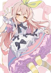 1girl black_bow blush bow bow_hairband bright_pupils dress dress_bow frilled_cuffs frilled_dress frills hairband half-closed_eyes highres komerina legs_apart long_hair looking_at_viewer medium_dress official_alternate_costume onii-chan_wa_oshimai! orange_eyes oyama_mahiro pantyhose pink_dress pink_hair salute short_sleeves sidelocks smile solo spread_fingers standing straight_hair striped_clothes striped_pantyhose yellow_bow yellow_pantyhose
