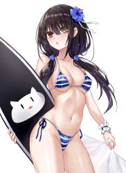 1girl :d asle bikini black_hair blue_sky breasts clock_eyes commentary_request cowboy_shot date_a_live day flower groin hair_flower hair_ornament heterochromia highres holding holding_surfboard long_hair low_twintails medium_breasts navel open_mouth red_eyes sarong side-tie_bikini_bottom sky smile solo stomach sunlight surfboard swimsuit symbol-shaped_pupils thighs tokisaki_kurumi twintails wet white_background yellow_eyes