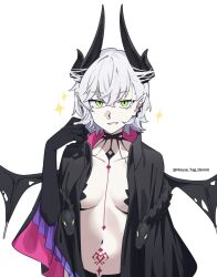 1girl alternate_hair_length alternate_hairstyle black_cloak black_hands black_panties black_thighhighs body_markings breasts choker cloak colored_extremities commentary crossed_bangs demon_girl demon_horns demon_wings ear_piercing english_commentary fate/grand_order fate_(series) green_eyes grey_hair grin hair_between_eyes horns house_tag_denim lilith_(fate) lilith_(second_ascension)_(fate) looking_at_viewer medium_breasts navel panties piercing pointy_ears short_hair smile solo sparkle stomach_tattoo tattoo thighhighs underwear wings