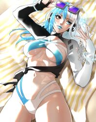 1girl absurdres blue_eyes blue_hair breasts cleavage heterochromia highres large_breasts long_hair luna_snow luna_snow_(cool_summer) marvel marvel_rivals multicolored_hair official_alternate_costume one-piece_swimsuit pannaaq smile split-color_hair sunglasses swimsuit two-tone_hair white_hair