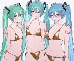 3girls aqua_eyes aqua_hair arms_behind_back bikini blue_eyes blue_hair blush breasts closed_mouth collarbone embarrassed gold_bikini hair_between_eyes halterneck hatsune_miku highres large_breasts long_hair looking_at_viewer medium_breasts multiple_girls navel number_tattoo parted_lips qiandaiyiyu side-tie_bikini_bottom simple_background small_breasts smile stomach swimsuit take_your_pick tattoo twintails very_long_hair vocaloid white_background