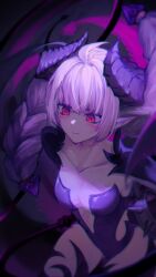 1girl :t ahoge baiye_renxing black_gloves black_thighhighs braid breasts cleavage collarbone cowboy_shot curled_horns dark_background demon_girl dungeon_and_fighter elbow_gloves facial_mark gloves highres horns leotard medium_breasts neck_tattoo nyarly_the_forbidden pointy_ears purple_eyes purple_leotard smile solo tattoo thighhighs twin_braids