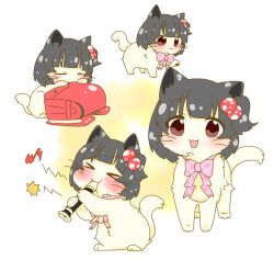 animal animal_focus animalization backpack bag black_hair blush bow bowtie brown_eyes cat closed_eyes closed_mouth flute hair_bobbles hair_ornament hutaba idolmaster idolmaster_million_live! instrument multiple_views music nakatani_iku no_humans one_side_up open_mouth pink_bow pink_bowtie playing_instrument puffy_cheeks randoseru recorder short_hair smile white_background