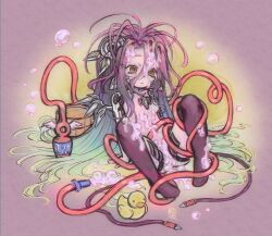 1girl closed_mouth gh0sttnacht gradient_hair hair_between_eyes highres loli long_hair multicolored_hair no_game_no_life robot_ears shuvi_(no_game_no_life) sitting soap_bubbles solo very_long_hair