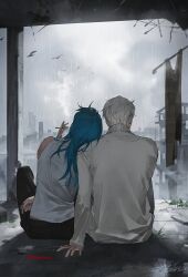 1boy 1boy1girls 1girl akao_rion bird black_pants blue_hair chanoo_artz character_request cigarette cityscape cloud cloudy_sky commentary english_commentary from_behind grey_sky head_on_another&#039;s_shoulder highres holding holding_cigarette holding_lighter knee_up lighter long_hair on_ground pants rain sakamoto_days shirt short_hair sitting sky sleeveless sleeveless_shirt too_many too_many_birds twitter_username upper_body uzuki_kei uzurion white_hair white_shirt