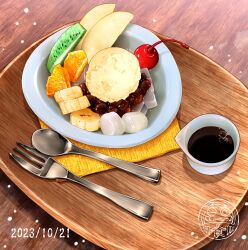 adzuki_bean anmitsu_(dessert) artist_logo banana banana_slice cherry commentary_request dated food food_focus fork fruit ice_cream kiwi_(fruit) kiwi_slice logo no_humans ooranokohaku original spoon still_life table tray wooden_table