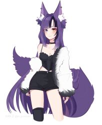 1girl animal_ear_fluff animal_ears awful_queen_(vtuber) bad_source black_choker breasts choker coat fox_ears fox_girl fur_coat heterochromia highres long_hair medium_breasts monster_girl pr_ponnyan purple_hair shorts solo tail tank_top virtual_youtuber white_background