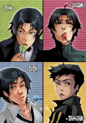 4boys batman_(series) black_hair blue_eyes blue_theme bow bowtie brothers candy character_name damian_wayne dc_comics dick_grayson eating family food green_theme grey_eyes image_sample jason_todd lollipop male_focus mouth_hold multiple_boys necktie nightwing pixiv_sample red_hood_(dc) red_robin red_theme resized robin_(dc) sharp_teeth siblings skin_tight teeth tim_drake xmenoux yellow_theme