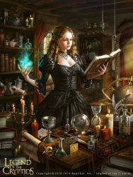 10s 1girl 2014 black_dress book book_stack bookshelf bottle box candle candlestand chalice choker copyright_name cup dagger dress earrings female_focus globe hair_ornament hourglass image_sample indoors inkwell jewelry knife laura_sava legend_of_the_cryptids magic open_book pestle quill realistic scroll skull solo standing table watermark weapon window