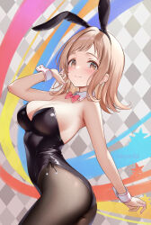 1girl akiei animal_ears argyle_background black_leotard black_pantyhose blush bow bowtie breasts brown_hair cleavage commentary_request detached_collar fake_animal_ears fake_tail flipped_hair highres idolmaster idolmaster_shiny_colors leotard looking_at_viewer medium_breasts necktie pantyhose partial_commentary pink_bow pink_bowtie playboy_bunny rabbit_ears rabbit_tail sakuragi_mano smile solo strapless strapless_leotard tail wrist_cuffs