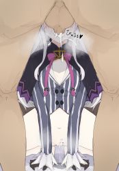 1girl absurdres bottomless covered_face cum cum_in_mouth ejaculation fellatio hidden_eyes hidden_face highres hololive murasaki_shion oral pale_skin pussy_juice shiroshiroshiro111 squatting steam view_between_legs virtual_youtuber white_hair
