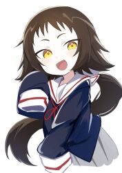 Rule 34 | 1girl, :d, absurdres, blue shirt, blush, brown hair, commentary request, grey skirt, hand up, highres, long hair, long sleeves, looking at viewer, low ponytail, mikakunin de shinkoukei, mitsumine mashiro, open mouth, pleated skirt, ponytail, rotroto, sailor collar, school uniform, serafuku, shirt, sidelocks, simple background, skirt, sleeves past fingers, sleeves past wrists, smile, solo, white background, white sailor collar, yellow eyes