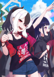 2girls absurdres arm_up black_hair black_hoodie black_nails black_shirt black_tank_top blue_archive blunt_bangs clenched_hand demon_girl demon_horns demon_wings denim denim_shorts ear_piercing grey_halo hair_between_eyes halo highres hood hoodie horns kayoko_(blue_archive) long_hair multicolored_hair multiple_girls off-shoulder_shirt off_shoulder open_mouth piercing ponytail purple_eyes red_eyes red_shawl shawl shiroiurushi shirt shorts single_wing tank_top two-tone_hair upper_body white_hair white_halo wings