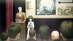 1boy 1girl 6+others alexis_leskinen anatomy bad_tag bald blonde_hair blunt_bangs brain brown_jacket buttons closed_mouth clothing_request coat collar collarbone collared_shirt computer crowd curtains dress flat_chest from_behind game_cg glasses green_collar green_eyes green_hair green_trim grey_dress grin height_difference highres hiyajou_maho holding holding_pen holding_tablet_pc hood hood_down hoodie huke jacket lab_coat lapels laptop long_hair long_sleeves looking_at_another messy_hair microphone multiple_others nape non-web_source notched_lapels official_art pen rabbit_zipper ringed_eyes shirt short_hair smile square_pupils standing steins;gate steins;gate_0 tablet_pc thick_eyebrows very_long_hair very_short_hair white_coat white_shirt