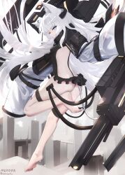 1girl absurdres animal_ears armor backless_outfit barefoot blue_eyes breasts cat_ears cat_tail floating floating_object floating_weapon gun headgear heterochromia highres long_bangs long_hair looking_at_viewer mecha_musume medium_breasts mole mole_under_eye nekoya_(liu) original revealing_clothes sleeves_past_wrists solo tail thigh_strap weapon white_hair yellow_eyes