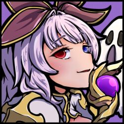 Rule 34 | 1girl, arch bishop (ragnarok online), blue eyes, blush, bow, brown bow, commentary request, cross, dress, ghost, hair bow, heterochromia, looking at viewer, lowres, open mouth, portrait, purple background, purple hair, ragnarok iris, ragnarok online, red eyes, smile, solo, upper body, white dress