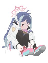 1girl absurdres antenna_hair black_pantyhose blue_archive blue_hair blue_shorts bow commentary donut food fubuki_(blue_archive) fuyubone grey_hair hair_bow halo highres jacket knees_up long_hair mouth_hold multicolored_hair pantyhose pantyhose_under_shorts red_eyes shoes shorts simple_background sitting sneakers solo two-tone_hair tying_footwear very_long_hair white_background white_bow white_jacket