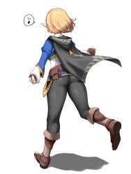 1girl ass black_cape black_pants blonde_hair blue_shirt boots brown_boots brown_gloves cape commentary_request fingerless_gloves fold-over_boots from_behind full_body girly_running gloves gold_trim highres hood hood_down musical_note nintendo pants pointy_ears princess_zelda running shadow shirt short_hair simple_background solo spoken_musical_note the_legend_of_zelda the_legend_of_zelda:_tears_of_the_kingdom tight_clothes tight_pants wasabi_(legemd) white_background