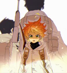 1girl 2boys backpack bag black_hair brown_bag coat emma_(yakusoku_no_neverland) eyelashes gauze gauze_on_cheek green_eyes gun highres looking_at_viewer multiple_boys open_mouth orange_hair qin_(7833198) ray_(yakusoku_no_neverland) rifle short_hair simple_background weapon white_background white_coat yakusoku_no_neverland yuugo_(yakusoku_no_neverland)