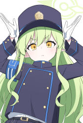 1girl :&lt; armband arms_up belt belt_buckle black_belt blue_archive blue_armband blue_hat blue_jacket blue_skirt blush buckle buttoned_cuffs buttons charm_(object) closed_mouth commentary double-breasted gloves green_hair green_halo hair_between_eyes halo hat hayoo_ww highres hikari_(blue_archive) jacket long_hair long_sidelocks long_sleeves looking_at_viewer peaked_cap pleated_skirt pointy_ears rabbit_pose shirt shirt_tucked_in sidelocks simple_background skirt solo split_mouth upper_body v-shaped_eyebrows very_long_hair wavy_sidelocks white_background white_gloves white_shirt yellow_eyes