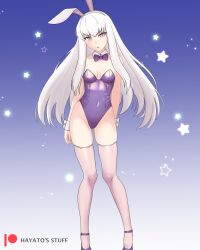 Rule 34 | 1girl, absurdres, artist name, bare shoulders, bowtie, breasts, collarbone, female focus, fire emblem, fire emblem: three houses, hayato stuff, highres, leotard, long hair, looking at viewer, lysithea von ordelia, nintendo, patreon logo, patreon username, purple bow, purple bowtie, purple eyes, purple leotard, small breasts, solo, strapless, strapless leotard, white hair