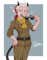 1girl 25_kimera blind border cosplay demon_horns demon_tail green_pants grin hand_on_own_hip helltaker highres holding holding_removed_eyewear horns jacket justice_(helltaker) kazuhira_miller kazuhira_miller_(cosplay) metal_gear_(series) metal_gear_solid:_peace_walker military_jacket military_uniform neckerchief pants short_hair three-quarter_sleeves smile solo sparkle sunglasses tail tinted_eyewear unworn_eyewear white_border white_hair yellow_neckerchief