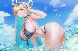 1girl absurdres ass behalter bikini bird black_choker black_hairband blonde_hair blue_bikini blue_eyes blue_hair blue_sky blush breasts broken_halo bubble choker cloud colored_inner_hair commentary cross cross_earrings day earrings english_commentary eyewear_on_head from_side front-tie_bikini_top front-tie_top grin hair_ornament hairband hairclip halo hand_in_own_hair highres jewelry large_breasts long_hair looking_at_viewer multi-strapped_bikini_bottom multicolored_hair navel o-ring o-ring_bikini o-ring_bottom o-ring_top ocean original outdoors raphael_(behalter) seagull skindentation sky smile solo sparkle spiked_ear_piercing streaked_hair sunglasses swimsuit traditional_halo two-tone_hair very_long_hair water water_drop wet yellow_halo