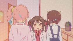 3girls :o black_hair blue_hair blush_stickers bolo_tie brown_eyes brown_hair cactus commentary hair_ornament hair_scrunchie hairclip highres hozuki_kaede hozuki_momiji indoors katsukareraisu meme multicolored_hair multiple_girls onii-chan_wa_oshimai! oyama_mihari parody pink_hair pink_shirt plant ponytail potted_plant purple_hair red_shirt scrunchie shirt short_hair short_ponytail siblings side_ponytail sisters skirt suspender_skirt suspenders twintails two-tone_hair white_shirt yosuga_no_sora yosuga_no_sora_door_scene_(meme)