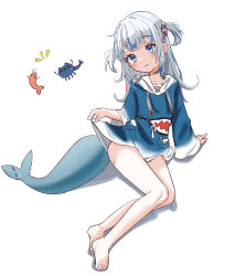 1girl animal_hood barefoot blue_hair blue_hood blue_hoodie blush ebi-chan_(gawr_gura) fins fish_tail gawr_gura gawr_gura_(1st_costume) hair_ornament highres hololive hololive_english hood hoodie looking_at_viewer medium_hair multicolored_hair shark_girl shark_hair_ornament shark_hood shark_tail sitting smile solo streaked_hair tail two_side_up virtual_youtuber youyoukai
