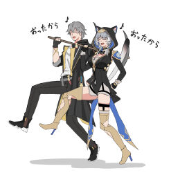 1boy 1girl animal_hood black_gloves caelus_(honkai:_star_rail) cat_girl cat_hood cipher_(honkai:_star_rail) full_body gloves high_heels highres honkai:_star_rail honkai_(series) hood metameta_gross musical_note shoes simple_background trailblazer_(honkai:_star_rail) translation_request white_background